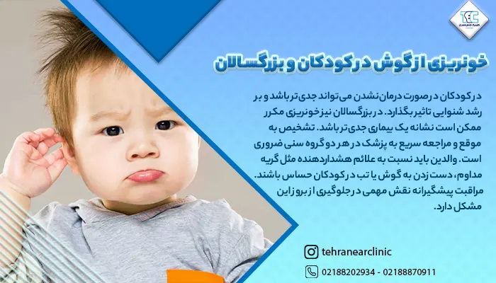 تصویر یک کودک که از درد گوش ناراحت است و توضیح علت خونریزی در گوش کودکان