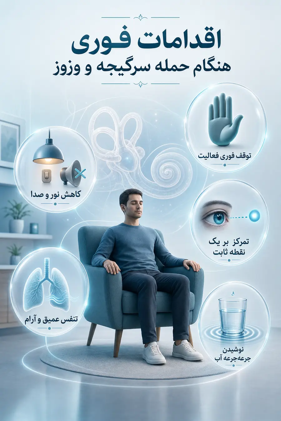 اینفوگرافیک راهنمای اقدامات فوری هنگام سرگیجه همراه با وزوز گوش